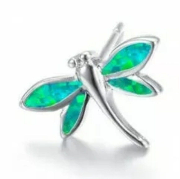 Dainty Simulated Green Opal Dragonfly Earring w/ Silver Overlay - Picture 2 of 3